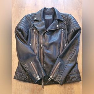 All Saints black leather biker jacket with oxblood zipper accents
